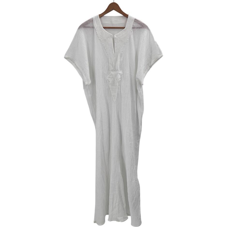 Stunning White Cotton Gauze Embroidered Maxi Dress Kaftan Cover Up Womens XL